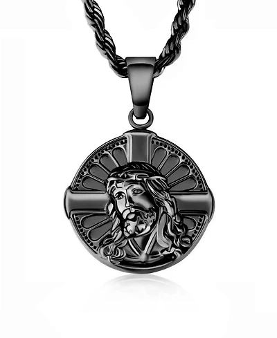 Rhona Sutton Men's Stainless Steel Black Plated Jesus Cross Coin Pendant Necklace