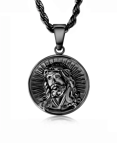 Rhona Sutton Men's Stainless Steel Black Plated Jesus Coin Pendant Necklace