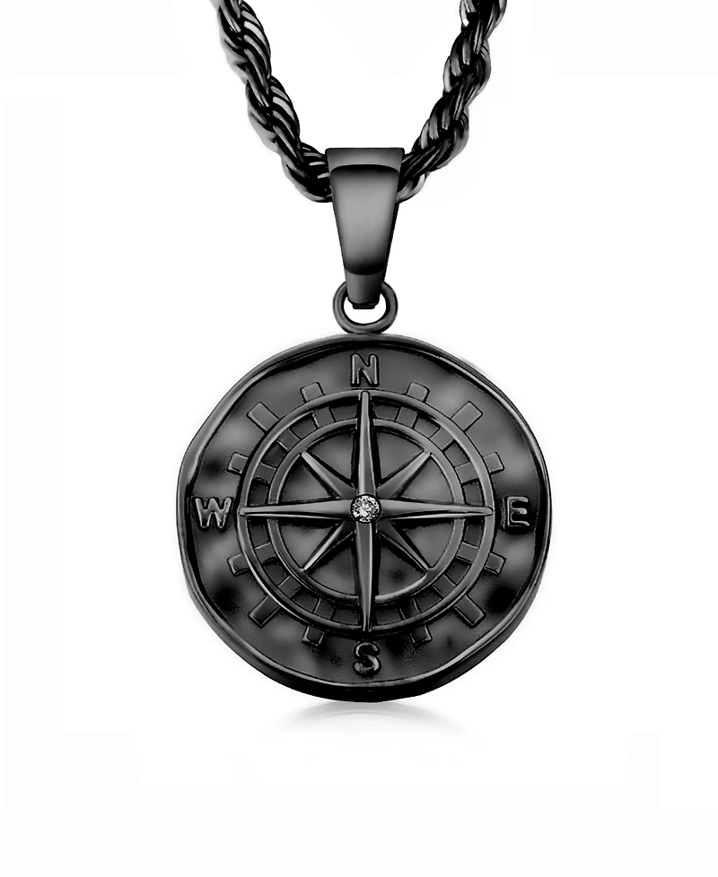 Rhona Sutton Men's Stainless Steel Black Plated Compass Coin Pendant Necklace