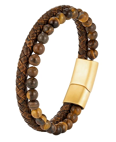 Rhona Sutton Men's Brown Leather Bracelet in Stainless Steel