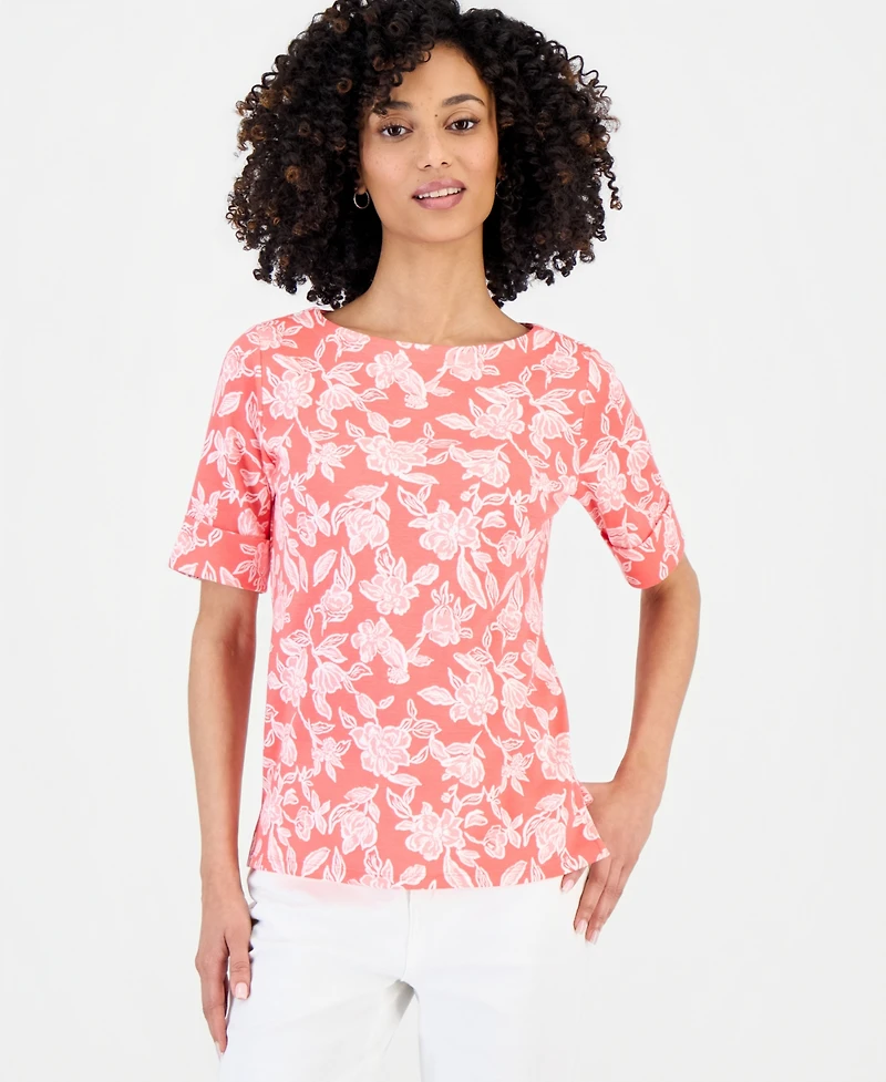 Style & Co Petite Floral Knit Elbow-Sleeve Top, Macy's Exclusive