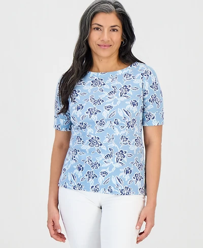 Style & Co Petite Floral Knit Elbow-Sleeve Top, Macy's Exclusive