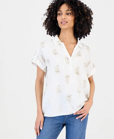 Style & Co Petite Cotton Printed Collared Popover Top, Macy's Exclusive