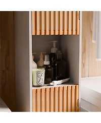 Rainsken Bathroom Tall Storage Cabinet, Freestanding Organizer with Bamboo Slat Doors, Adjustable Shelves, Modern Narrow Floor Cabinet for Bathroom