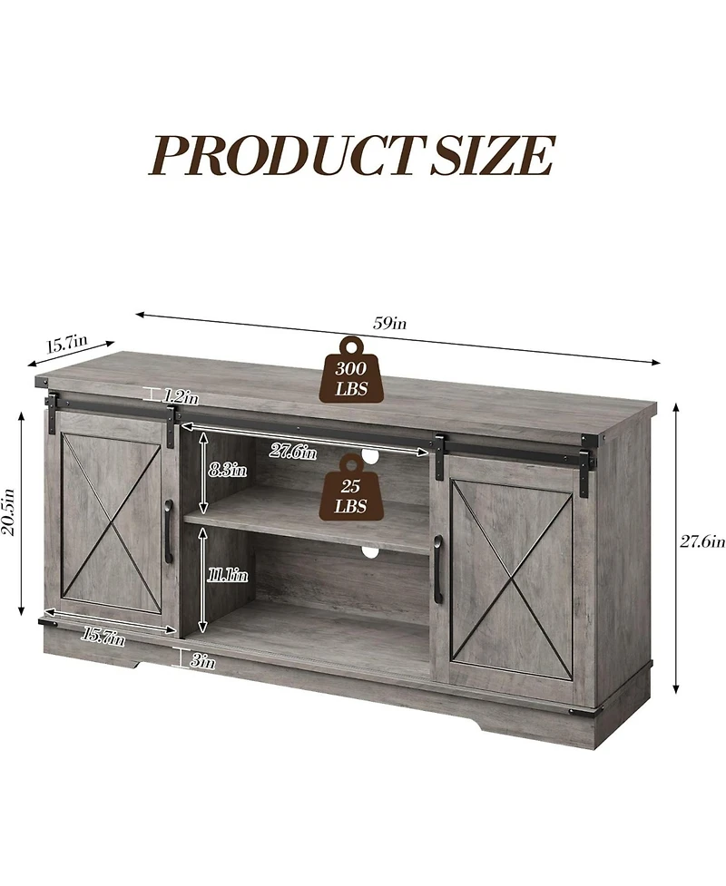 gaomon 59" Farmhouse Tv Stand for TVs Up to 65", Media Console with Sliding Barn Doors & Adjustable Shelves, Entertainment Center Storage Ca