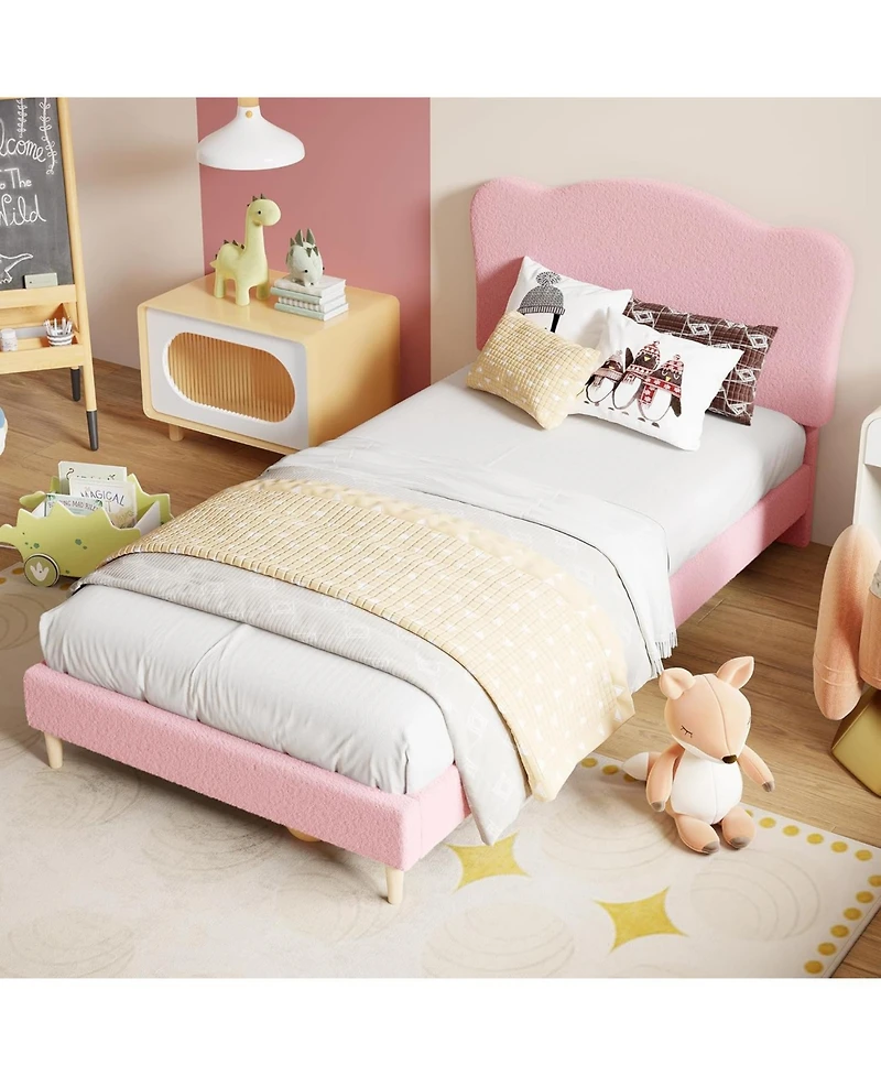 gaomon Upholstered Twin Xl Bed Frame for Kids with Scallop Headboard, Cute Velvet Girls, Boys, Sturdy Platform Bed, No Box Spring
