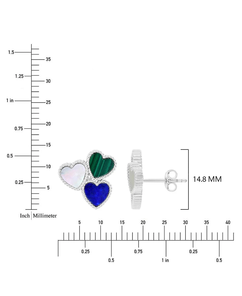 Macy's Mother of Pearl, Malachite and Lapis Tri-Heart Stud Earrings in Rhodium Over Sterling Silver