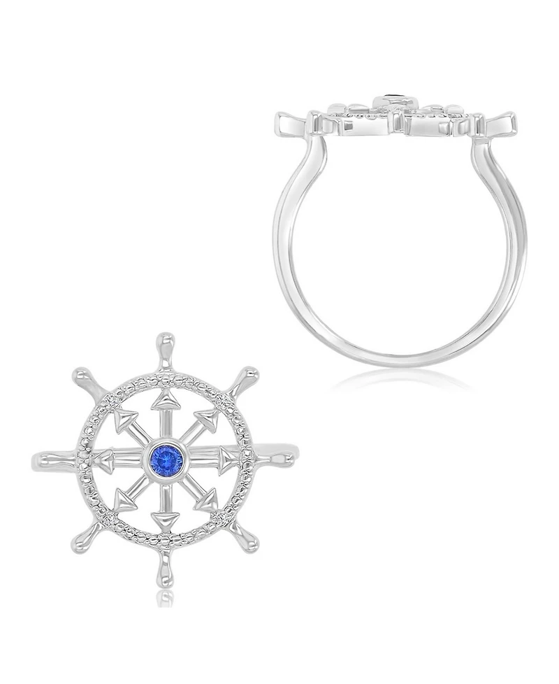 Macy's Diamond Accent & Created Blue Sapphire Rudder Ring in Rhodium Over Sterling Silver