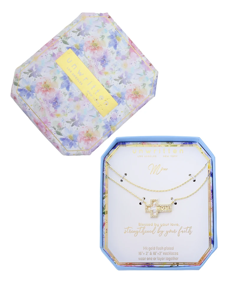 Unwritten Cubic Zirconia and Mother of Pearl Mom Cross Pendant Layered Necklace Set