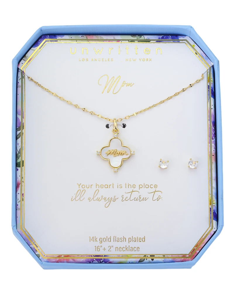 Unwritten Cubic Zirconia and Mother of Pearl Mom Clover Pendant Necklace with Earring Set