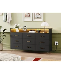 gaomon 9 Drawer Wooden Dressers for Bedroom with Led Lights & Charging Station, Wood Chest of Drawers App Control, Modern Large Storage Cabinet