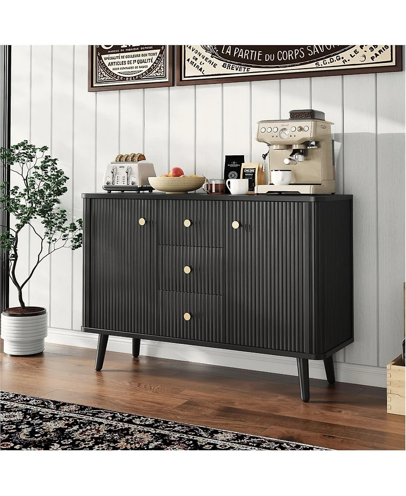 gaomon 47" Modern Fluted Sideboard Buffet Cabinet with 3 Drawers, Slim Kitchen Storage Cabinet, Wood Coffee Bar Station for Dining Room Living Ro