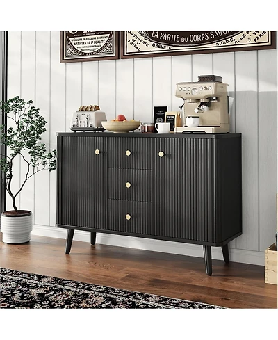 gaomon 47" Modern Fluted Sideboard Buffet Cabinet with 3 Drawers, Slim Kitchen Storage Cabinet, Wood Coffee Bar Station for Dining Room Living Ro