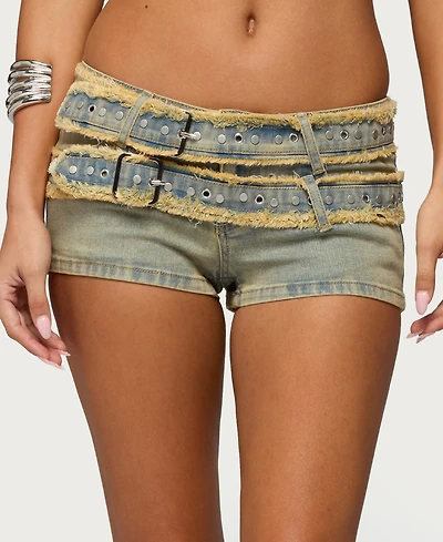 Edikted Women's Alyza Distressed Belt Washed Denim Micro Shorts