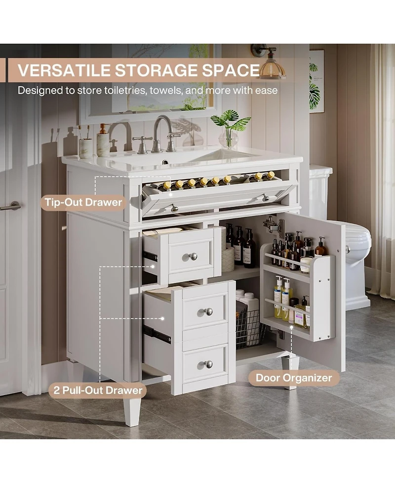 Tribesigns 30" Bathroom Vanity with Sink, Modern Bathroom Sink Cabinet with 4 Drawers & 2 Doors, Bath Storage Vanity Sink