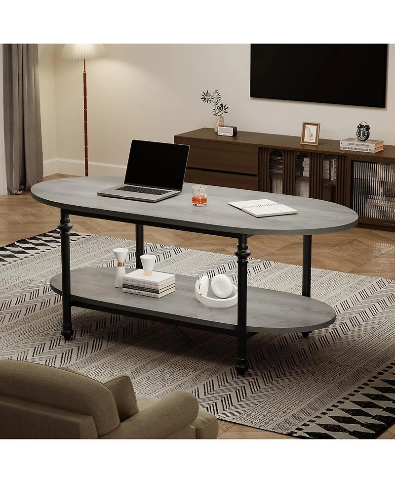 gaomon Farmhouse Oval Coffee Table, 2 Tier Center Table with Open Storage, Modern Industrial Tea Table