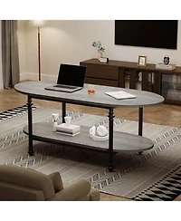 gaomon Farmhouse Oval Coffee Table, 2 Tier Center Table with Open Storage, Modern Industrial Tea Table