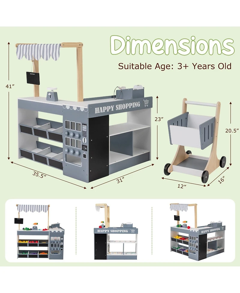 Mecale Wooden Kids Grocery Store Playset Pretend Supermarket with Shopping Cart