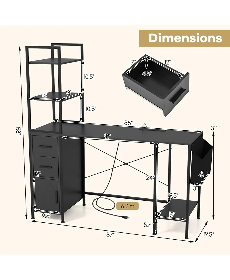Mecale Computer Desk with Led Lights and Power Outlets, Open Shelves Home Office Desk