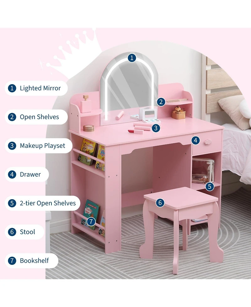 gaomon Kids Vanity with Lighted Mirror & Stool, Little Girls Vanity with Adjustable Led Light