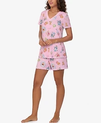 Cuddl Duds Women's Short-Sleeve V-Neck Top and Boxer Jersey, 2-Piece Pajama Set
