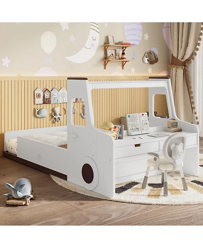 Streamdale Furniture Car-Shape Floor Bed with Storage, Window & Desk, Twin Size