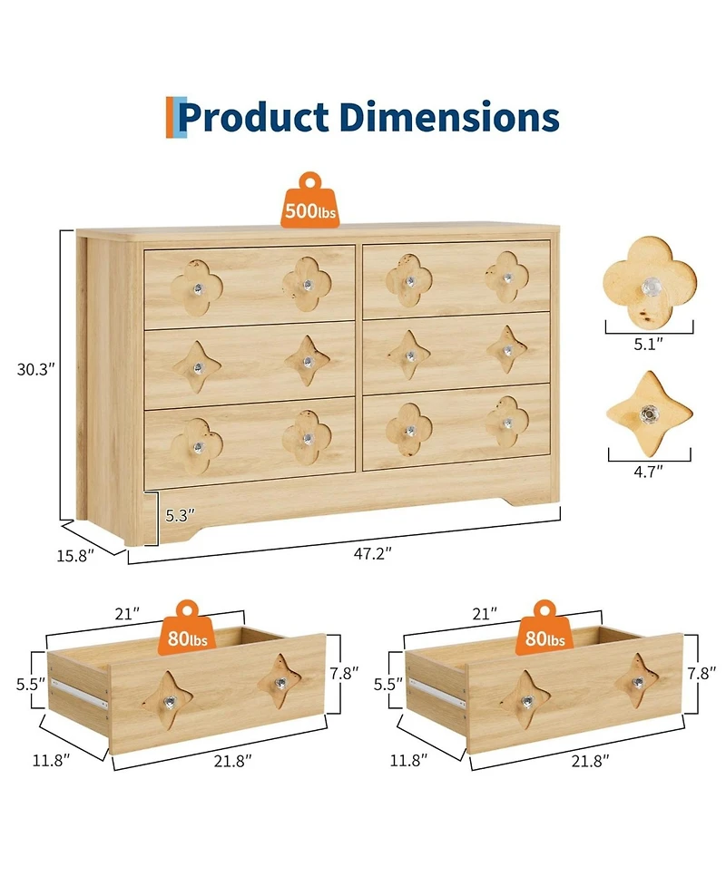 gaomon 6 Drawer Dresser for Bedroom, Wide Dresser, Boho Chest of Drawers, Wooden Chest with Clothes Storage Cabinet, Decorative Drawer Front Organizer