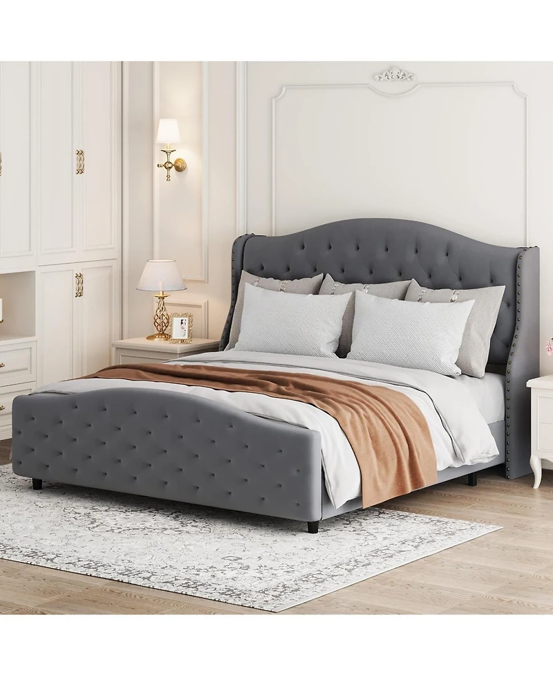 gaomon Size Velvet Bed Frame with Headboard and Footboard, Tufted Wingback Headboard Upholstered Platform Bed Strong Wooden Slats Easy Assembly
