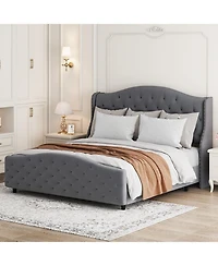 gaomon Size Velvet Bed Frame with Headboard and Footboard, Tufted Wingback Headboard Upholstered Platform Bed Strong Wooden Slats Easy Assembly