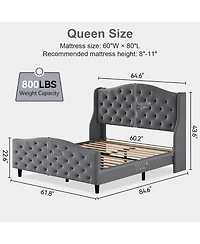 gaomon Size Velvet Bed Frame with Headboard and Footboard, Tufted Wingback Headboard Upholstered Platform Bed Strong Wooden Slats Easy Assembly
