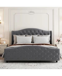 gaomon Size Velvet Bed Frame with Headboard and Footboard, Tufted Wingback Headboard Upholstered Platform Bed Strong Wooden Slats Easy Assembly