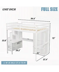 Streamdale Furniture Full Size Loft Wood Bed with Desk, Shelves, Wardrobe, Staircase