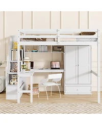 Streamdale Furniture Full Size Loft Wood Bed with Desk, Shelves, Wardrobe, Staircase