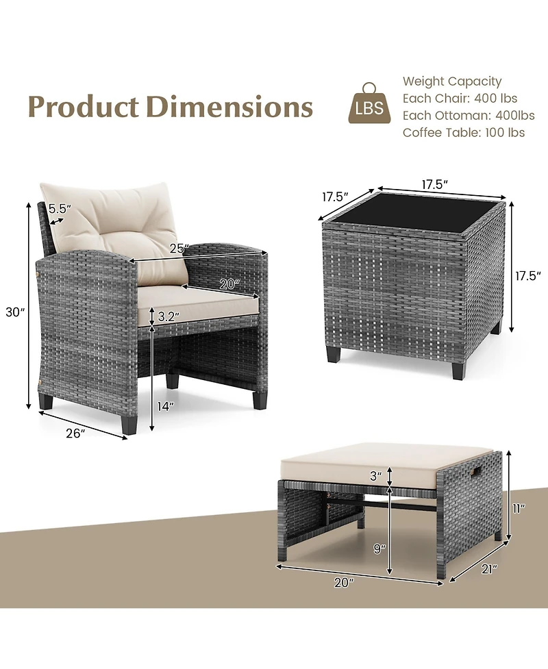 Gymax 5 Piece Patio Rattan Furniture w/ 2 Ottomans and Tempered Glass Coffee Table Outdoor