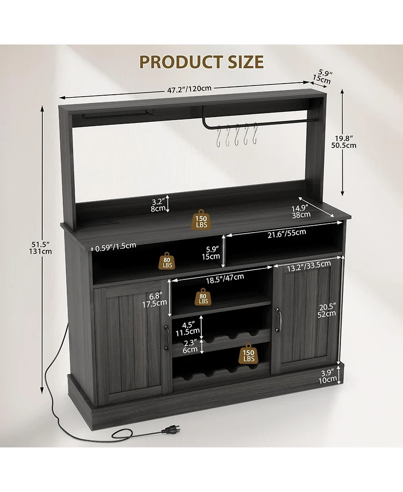 gaomon 47" Farmhouse Coffee Bar Cabinet with Charging Station & Wine Racks Rustic Wood Kitchen Buffet Cabinet Wine Bar Table for Dining & Living