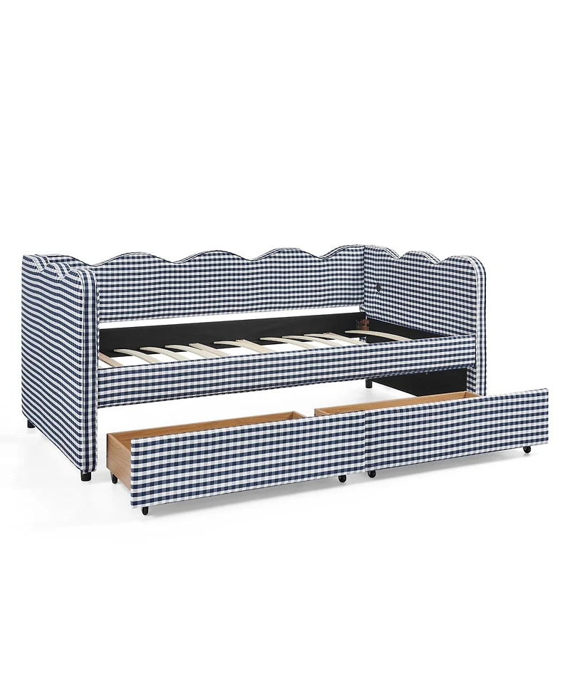 Streamdale Furniture Twin Size Gingham Daybed w/ 2 Drawers, Usb Port & Wave Shape