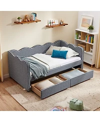 Streamdale Furniture Twin Size Gingham Daybed w/ 2 Drawers, Usb Port & Wave Shape