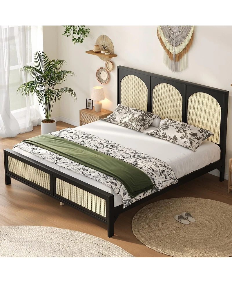 Streamdale Furniture King Size Wood Platform Bed with Rattan Headboard