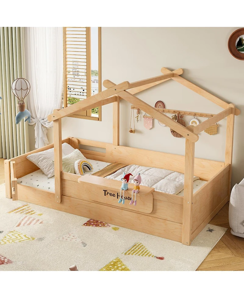 Streamdale Twin Size House Floor Bed with Guardrails, Roof, Tray & Signboard
