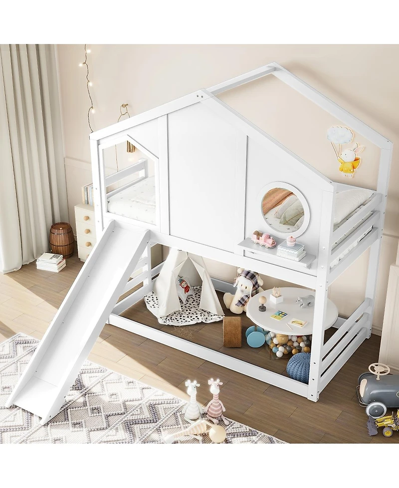 Streamdale Furniture Twin House Bunk Bed with Slide & Storage Shelves, Solid Wood Loft Bed