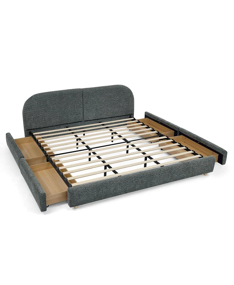 Streamdale Furniture Streamdale King Size Upholstered Bed Frame, Modern Minimalist, Curved Headboard, Drawer Storage