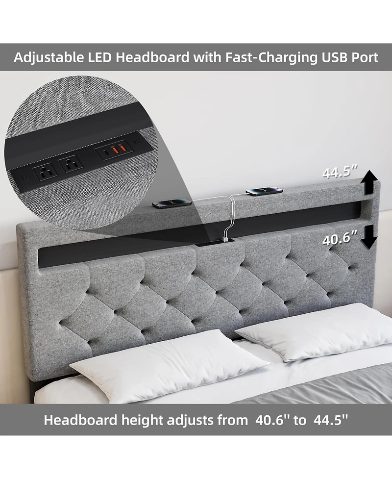 gaomon Bed Frame, Led Frame with Fast-Charging Usb Port, Upholstered Platform Adjustable Headboard, Strong Support Slats