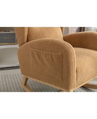 Flynama Khaki Teddy Fabric Rocking Chair with Wooden Frame Legs Built in Packet Ergonomic Backrest 300 Lbs Capacity for Living Room Bedroom