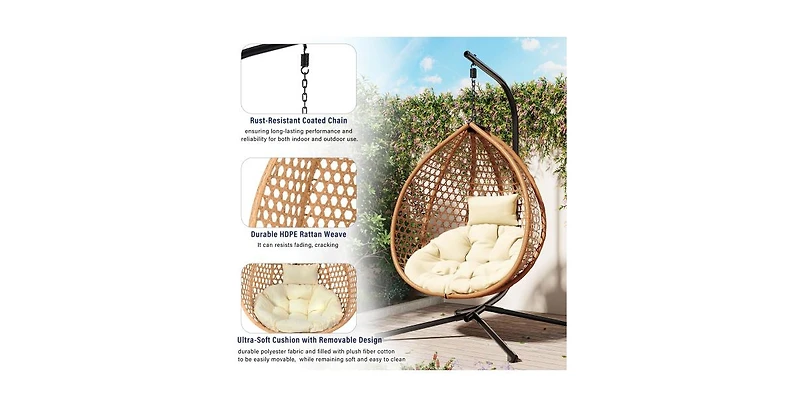 Flynama Outdoor Garden Rattan Egg Swing Chair Hanging Chair Wood