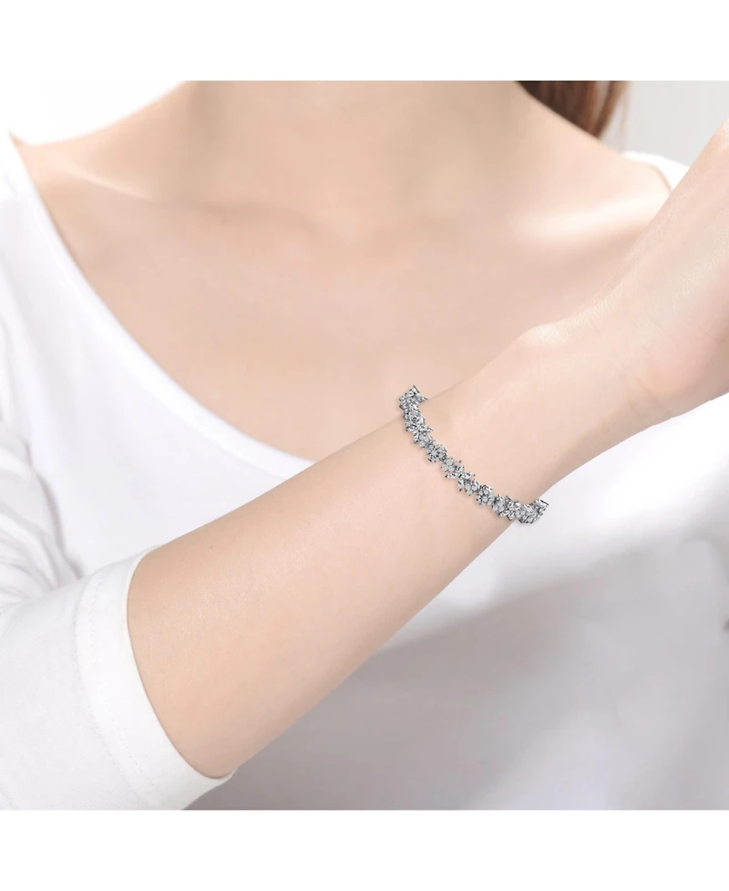 Sterling Silver with White Gold Plated Clear Round and Marquise Cubic Zirconia Cluster Flower-Inspired Tennis Bracelet