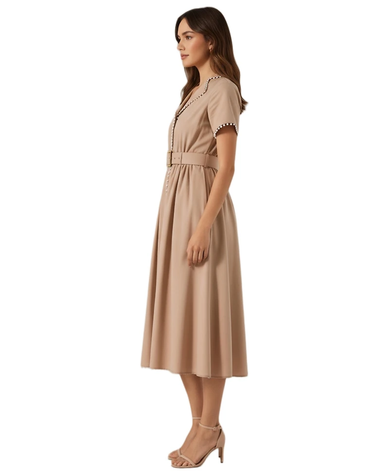 Modenaire Women's Solene Short Sleeve Collared Accent Belted Midi Dress