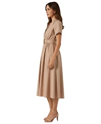 Modenaire Women's Solene Short Sleeve Collared Accent Belted Midi Dress