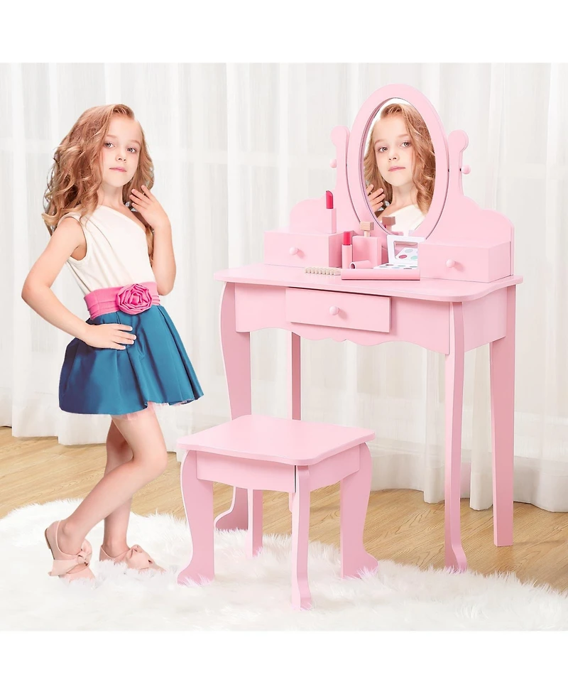 gaomon Kids Vanity Set with Adjustable Mirror & Stool,Wooden Toddler Drawers,Pretend Makeup Dressing Table for Little Girls