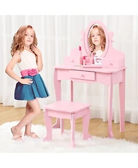 gaomon Kids Vanity Set with Adjustable Mirror & Stool,Wooden Toddler Drawers,Pretend Makeup Dressing Table for Little Girls
