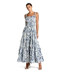 Mac Duggal Women's Floral Cotton Ruffle Square Neck Ankle Dress